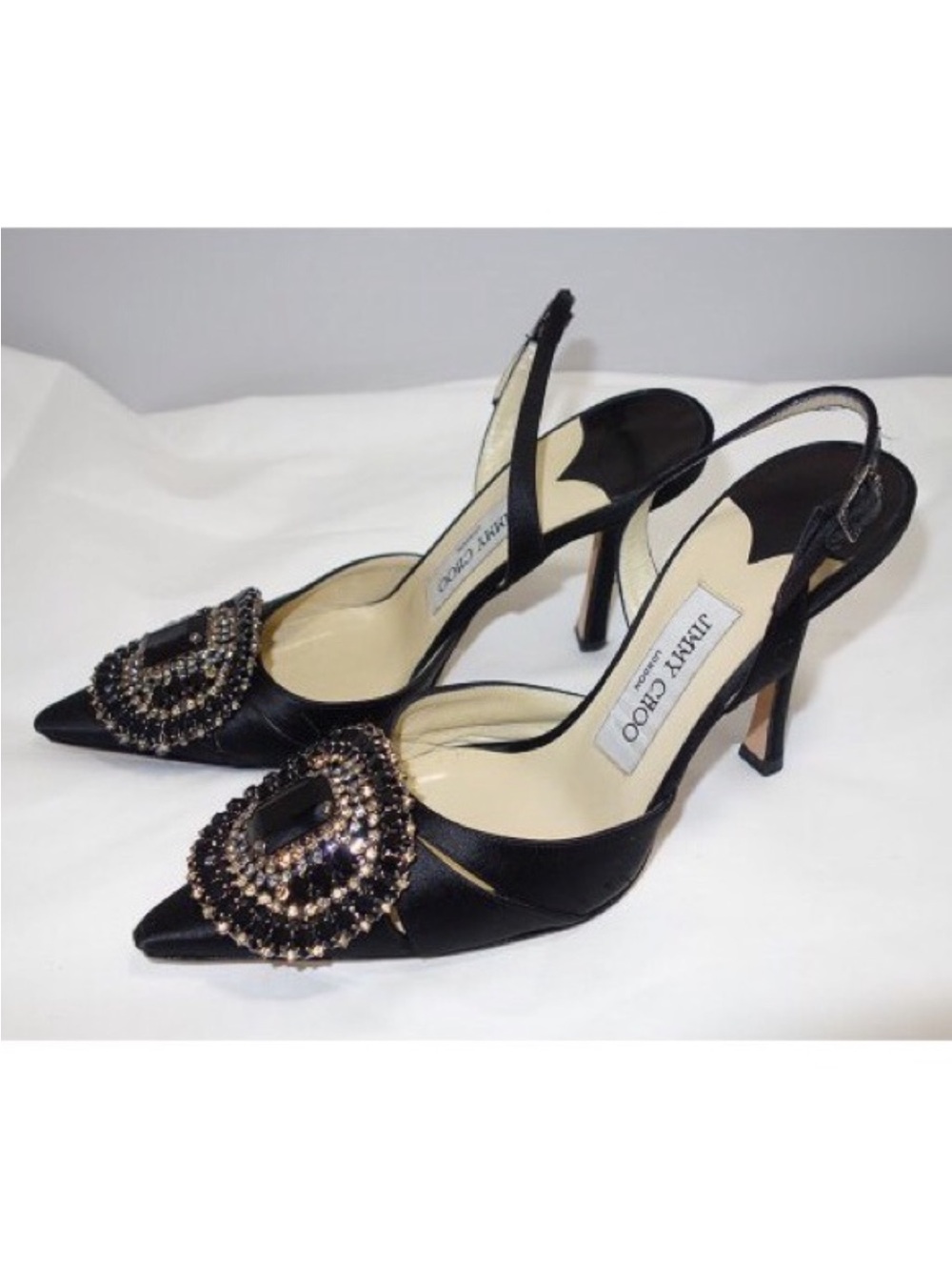 Jimmy Choo Black Satin Jeweled Slingback Pumps